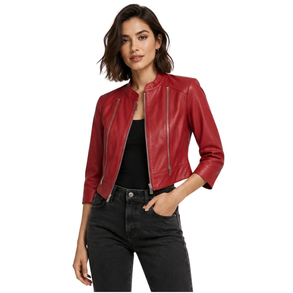 Bebe Leather Jacket Womens Red XS Cropped Moto Biker 3/4 Sleeve Scooter Y2K